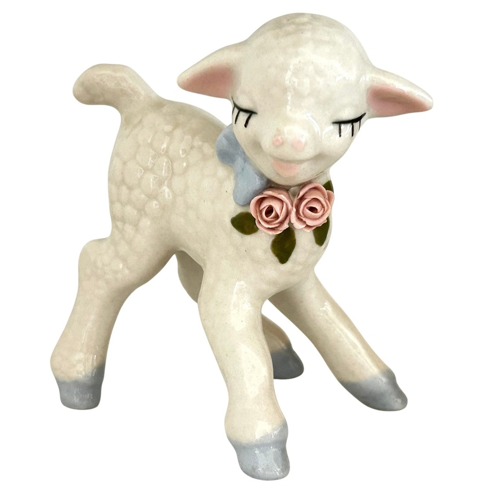 Vintage Ceramic Lamb Figurine Pink Roses Blue Bow Sleeping Eyes Sheep Kitschy
